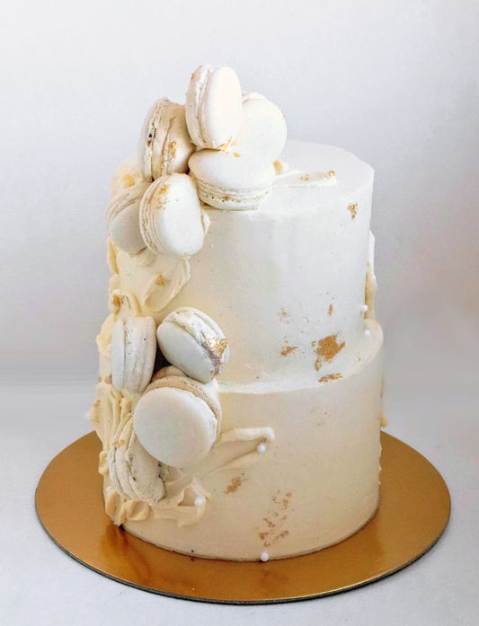 Double Barrel Wedding Cake with Macarons & Gold Leaf