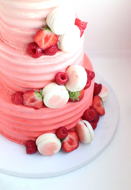 Pink Ombré Wedding Cake with Berries & Macarons
