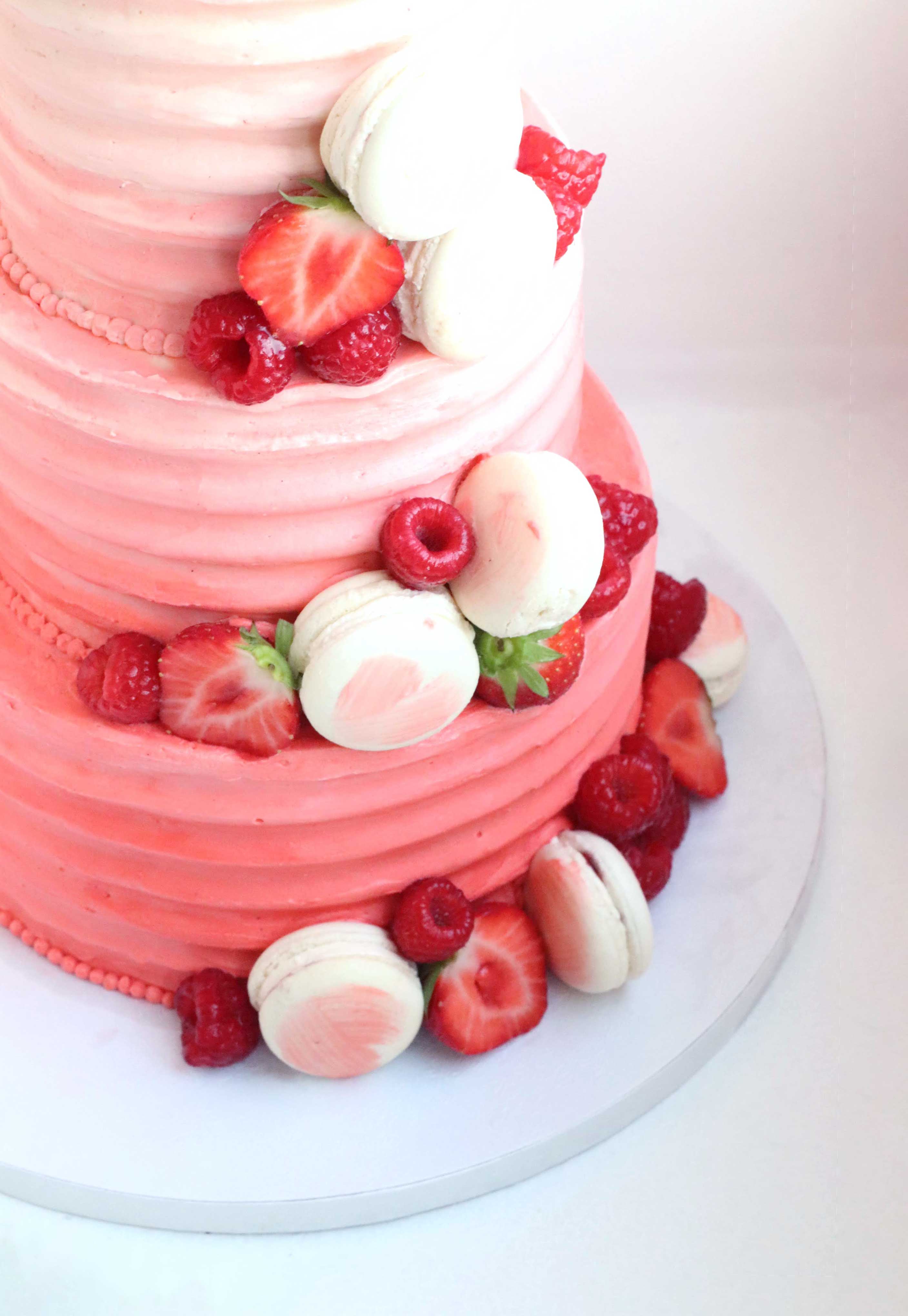 Pink Ombré Wedding Cake with Berries & Macarons